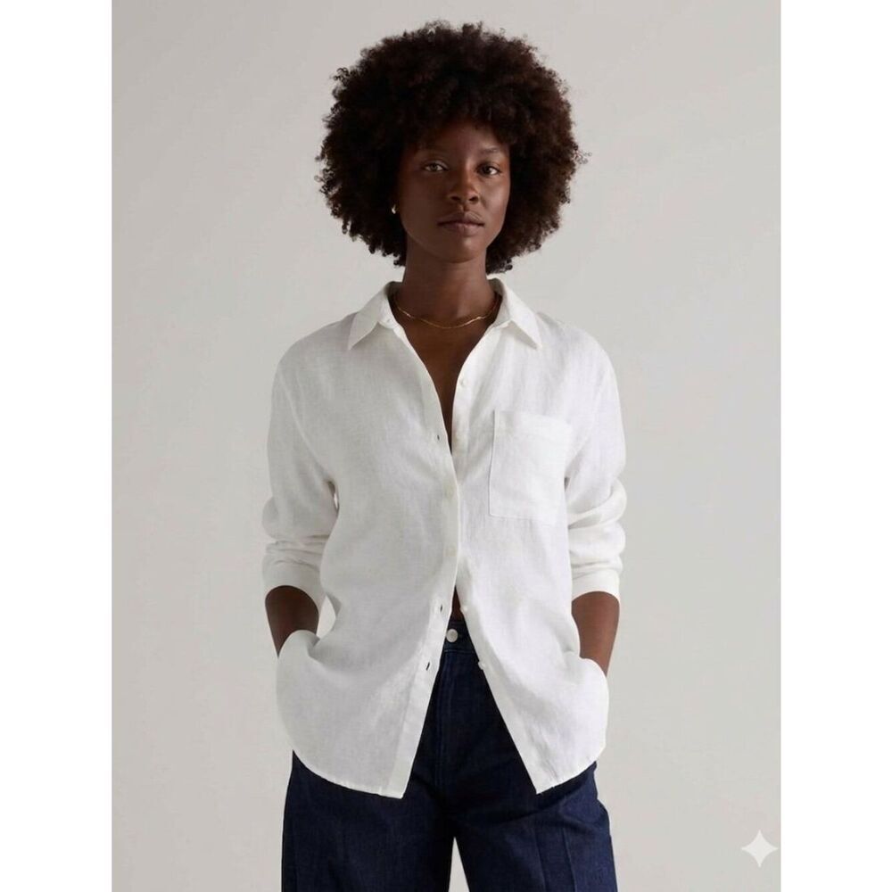 Nine West White Linen Blend Button Down Shirt NWT Women's Size L Relaxed Fit